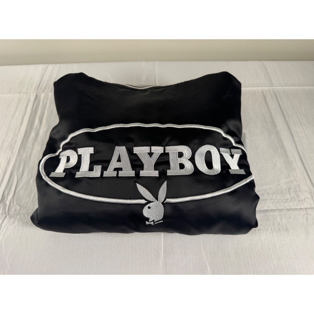 Playboy Mens Satin Varsity Bomber Jacket Black White Embroidered Size S